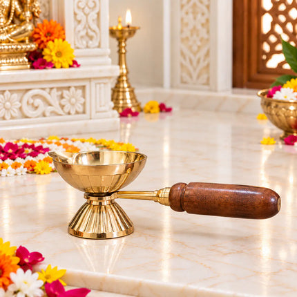 Brass Aarti Diya with Wooden Handle