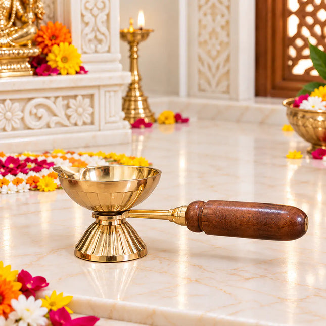 Brass Aarti Diya with Wooden Handle
