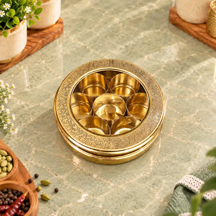 Brass Glass Lid Floral Masala Daani / Spice Box (2.5 Inch)
