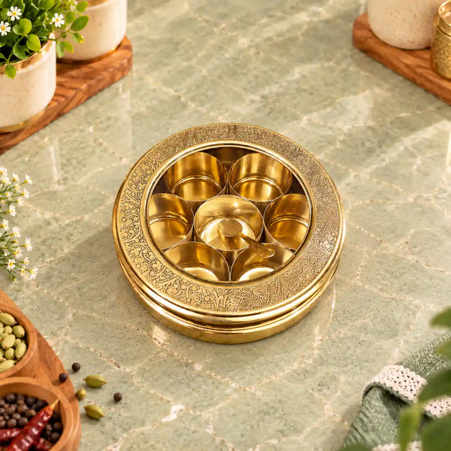 Brass Glass Lid Floral Masala Daani / Spice Box (2.5 Inch)