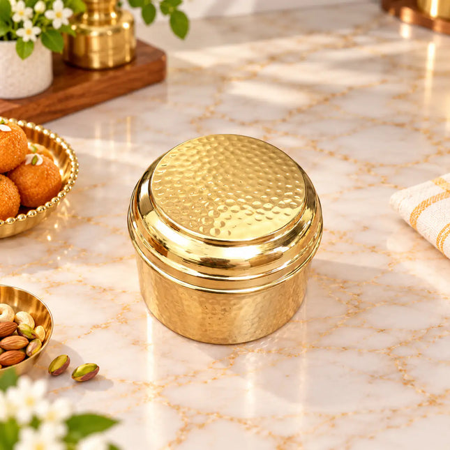 Brass Hammered Ladoo Box With Lid