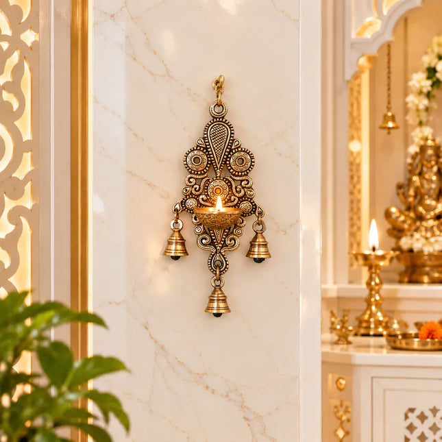 Brass Wall Hanging Diya With Bell (8.5 Inch)