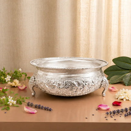 Brass Silver Plated Urli Bowl with Elephant Legs (3.2 Inch)