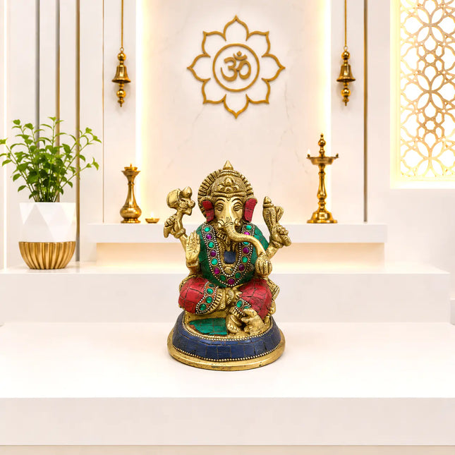 Brass Stone Work Sitting Ganesha Idol