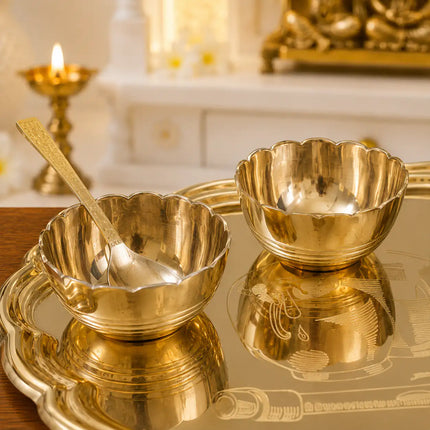 Brass Pooja Bhog Thali Set – Matka Murli Design (8 Inch)