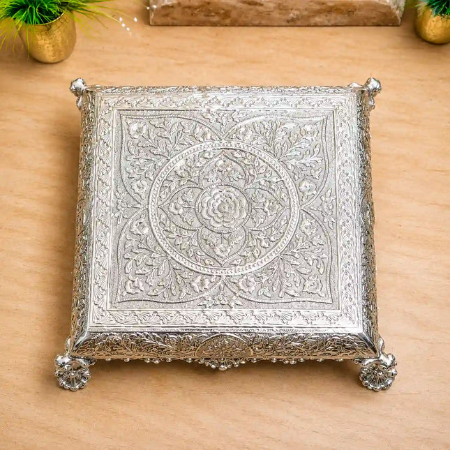 German Silver Handcrafted Chowki with Elephant Leg (7 Inch)