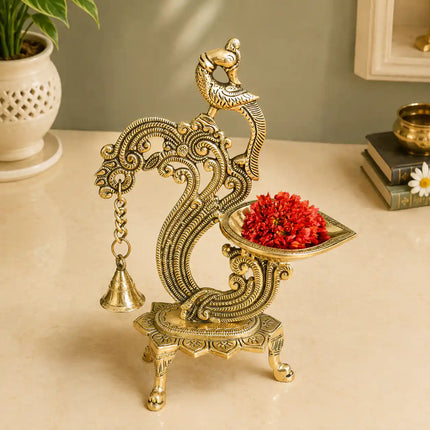 Brass Ethnic Peacock Diya Lamp With Hanging bell
