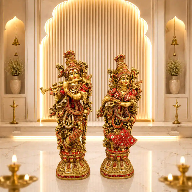 Brass Stone Work Standing Radha Krishna Statue Set (30 Inch)
