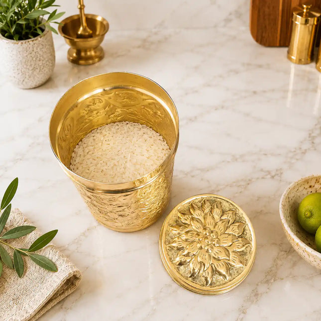 Brass Flower Design Container / Storage Box With Lid
