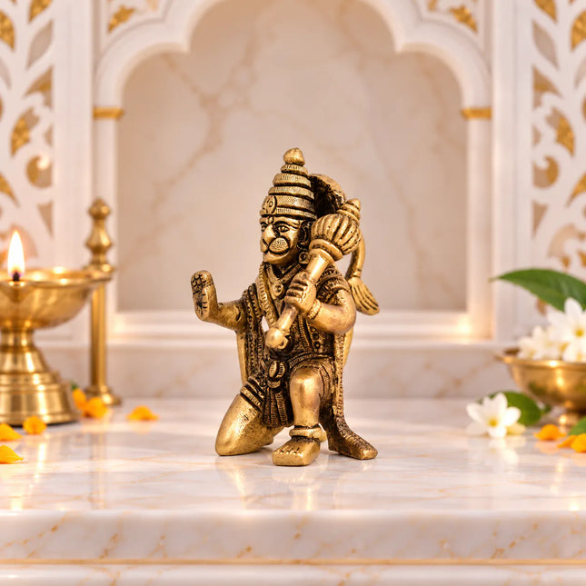 Brass Blessing Sitting Hanuman Idol (3.2 Inch)