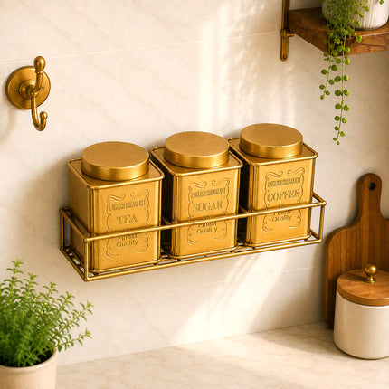 Brass Square Storage Jars / Canister Set With Wall Hanging Stand (Set of 3)