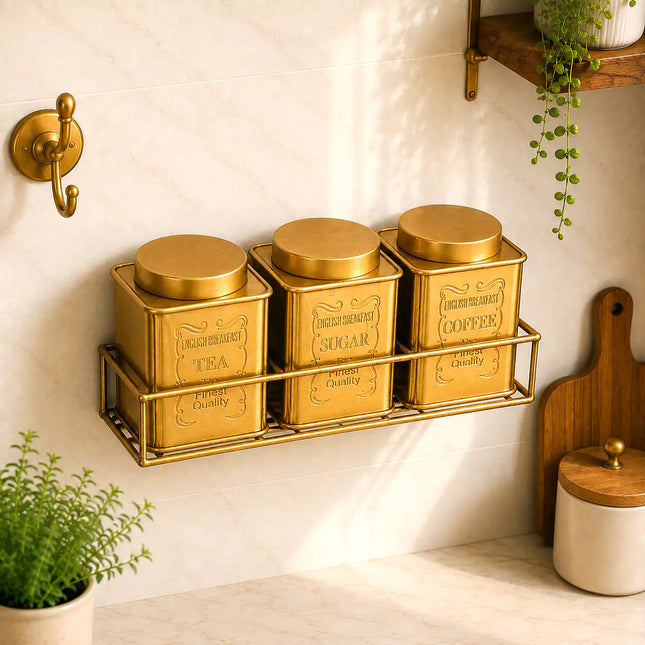 Brass Square Storage Jars / Canister Set With Wall Hanging Stand (Set of 3)