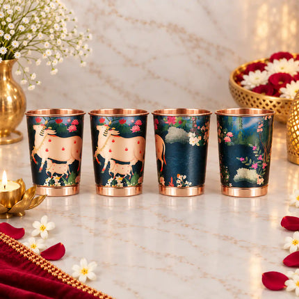 Copper Kalakriti Print Glass Set of Four With Gift Box/Hamper (3.5 Inch)
