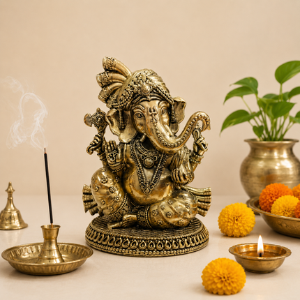 Brass Lightweight Sitting Pagdi Ganesha Idol (5 Inch)