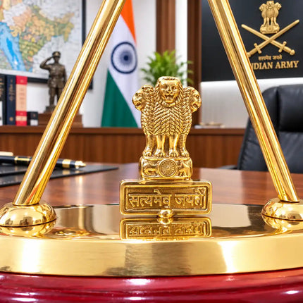 Brass National With Indian Army, Navy & Air Force Flags With Stand (12 Inch)