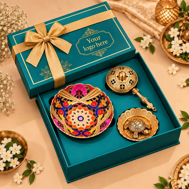 Brass Luxury Gift Hamper with Dhoop Dani, Bowl & Tortoise with Plate