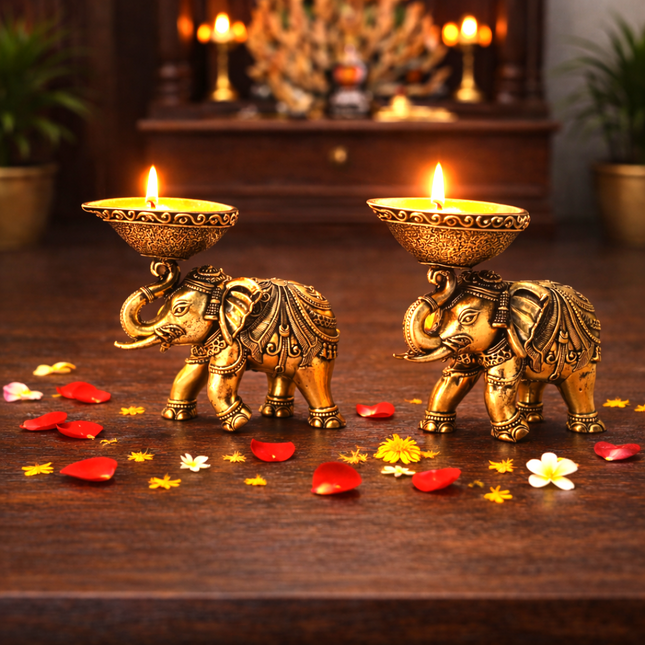 Brass Lightweight Elephant Standing Diya Pair (2.5 Inch)