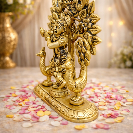 Brass Lord Krishna Standing Statue With Tree And Peacock (5 Inch)