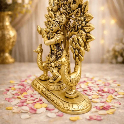 Brass Lord Krishna Standing Statue With Tree And Peacock (5 Inch)