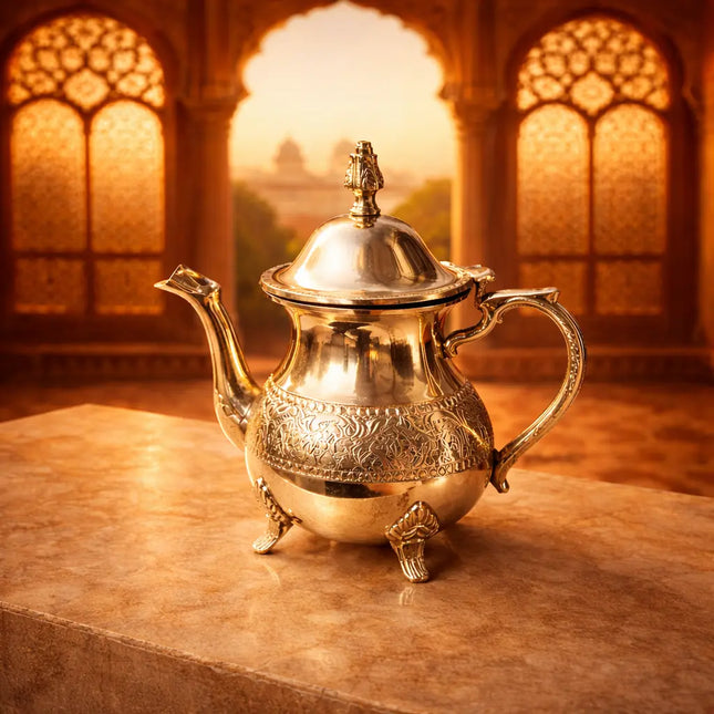 Brass Leaf Design Mughlai Tea Pot with Lid