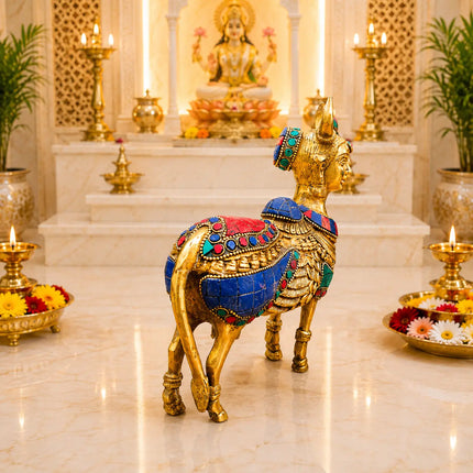 Brass Stone Work Standing Cow Idol