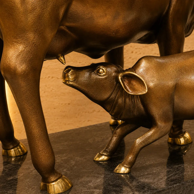 Brass Majestic Kamdhenu Cow with Calf Idol on Granite Base (33 Inch)