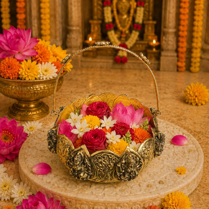 Brass Silver Plated Ashtalakshmi Basket With Handle And Leg (5 Inch)