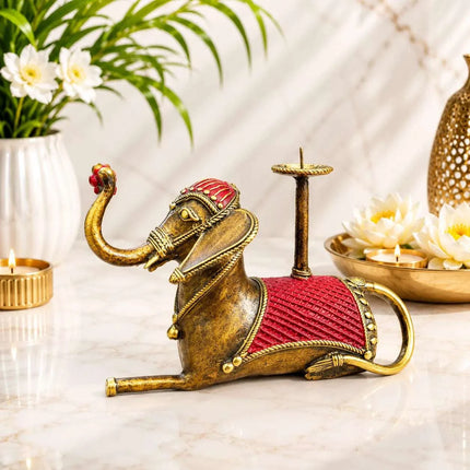 Brass Dhokra Sitting Elephant Statue With Candle Holder (5 Inch)