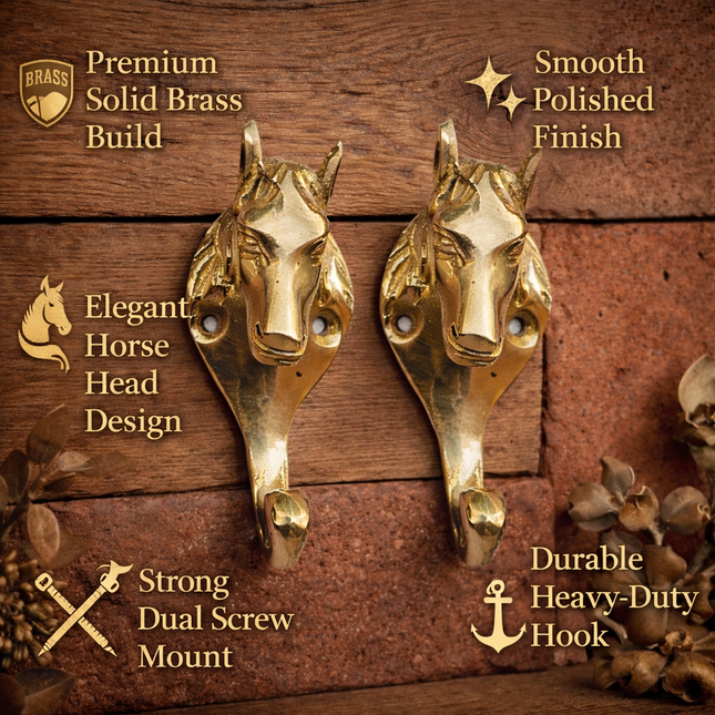Brass Horse Face Wall Hanging Hanger Pair (3 Inch)
