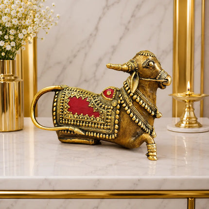Brass Handcrafted Dhokra Sitting Nandi Idol (5.2 Inch)