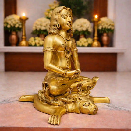 Brass Saint Gorakhnath Statue Sitting On Naag And Lion (14 Inch)