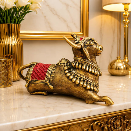 Brass Handcrafted Dhokra Sitting Nandi Idol (4.5 Inch)