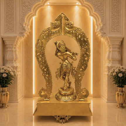 Brass Standing Krishna Idol On Throne / Singhasan (31 Inch)