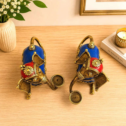 Brass Dhokra Sitting Elephant Statue Set With Candle Holder (5 Inch)