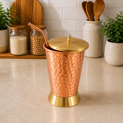 Copper Hammered Glass / Tumbler With Lid And Straw (6 Inch)