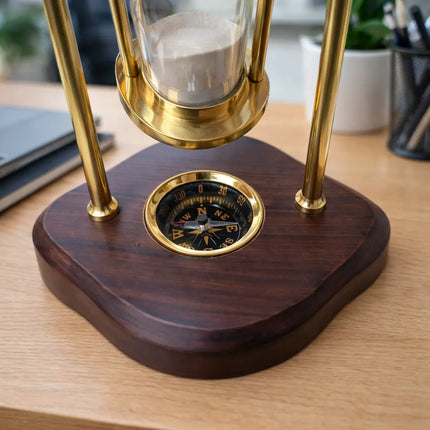 Brass Rotating Sand Clock With Compass And Wooden Stand