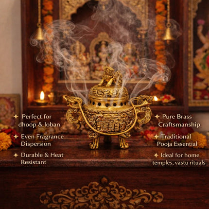 Brass Yali/kirtimukha Dragon Dhoop Dani & Incense Holder With Handle (4 Inch)