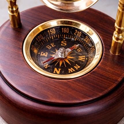 Brass Rotating Sand Clock With Compass And Wooden Stand