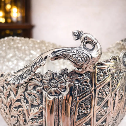 Brass Silver Plated Decorative Basket with Floral Design (10 Inch)