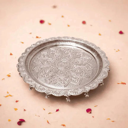 German Silver Pooja Thali With Ghungroo (11 inch)