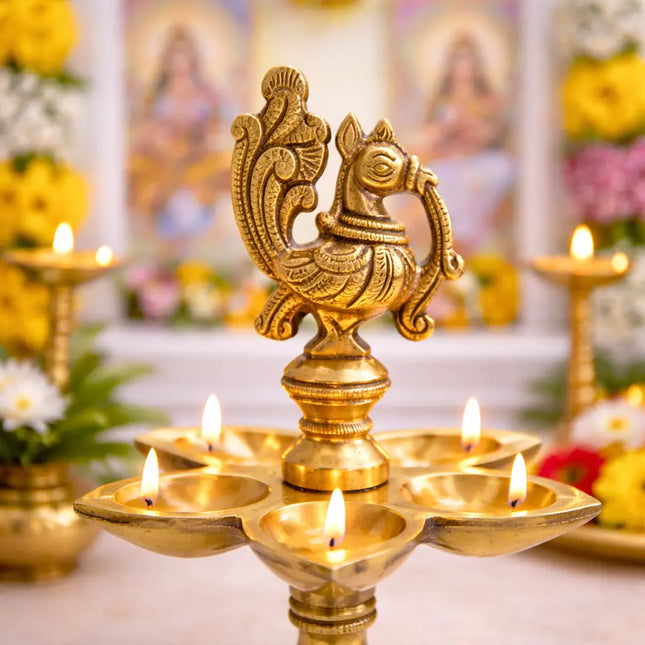 Brass Ethnic Five Petal Peacock Diya / Lamp (7.5 Inch)