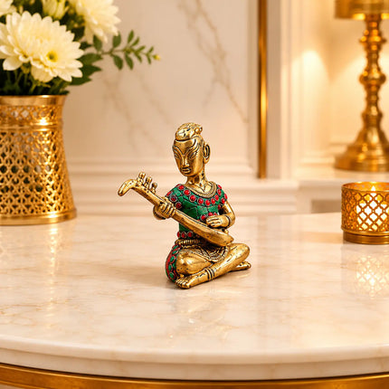 Brass Stone Work Musician Lady Set of 2 (4 Inch)