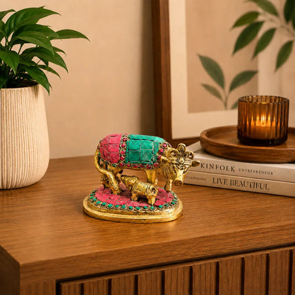 Brass Stone Work Kamdhenu Cow Idol (2.5 Inch)