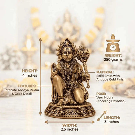 Brass Lightweight Sitting Blessing Hanuman Idol With Base (4 Inch)