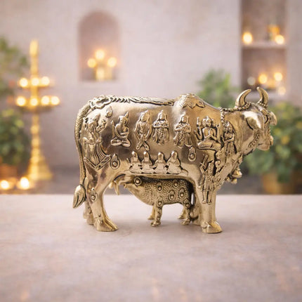Brass Lightweight Kamdhenu Cow With Calf Idol (4 Inch)