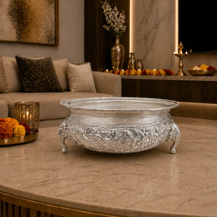 Brass Silver Urli Bowl with Elephant Legs (3.2 Inch)