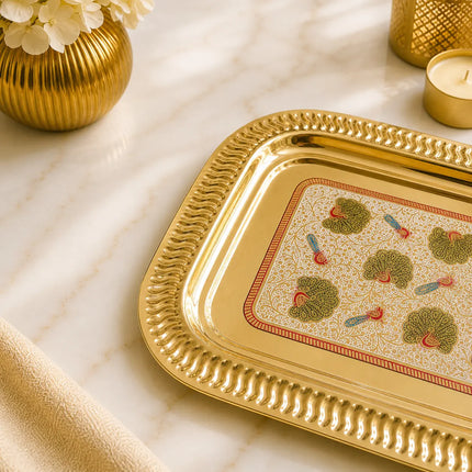 Brass Hand Painted Peacock Serving Tray