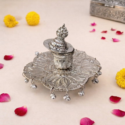 German Silver Kumkum Box With Ghungroo (3.5 Inch)