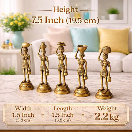 Brass Tribal Lady Statue Decor Set Of Five  (7.5 Inch)
