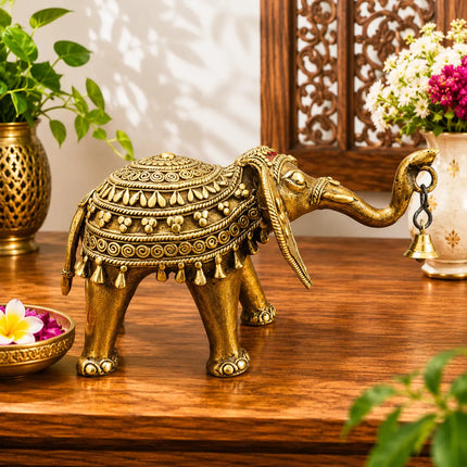 Brass Handcrafted Dhokra Elephant Statue With Bell (5.5 Inch)